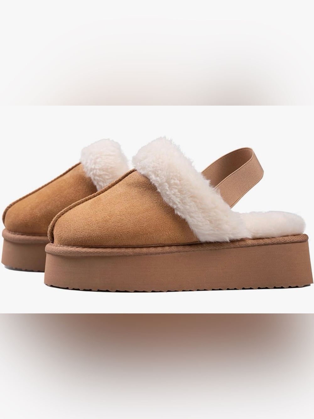 Shearling-Trim Suede Platform Mules - Camel